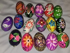 Beautiful Lot Hand Painted Ukranian Pysonky Style Wooden Easter Eggs 16pcs picture