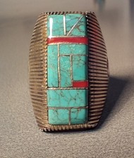 Vintage Navajo Sterling Silver Turquois Coral Channel Inlay Ring Size 11 1/2 picture