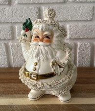 Vintage 1950's Napco LG White & Gold Santa Spaghetti Trim Christmas Planter Vase picture