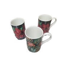 3 DUNOON Caroline Bessey Christmas Coffee Mugs Cups   Poinsettia (2) & Holly (1) picture