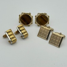 3 Sets of Men's SWANK Vintage Gold Tone Cuff Links, Tigers Eye Stone, Square picture