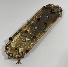 Antique Jeweled Enameled Brass Bronze Ormolu Desk Pen Holder Tray Footed picture
