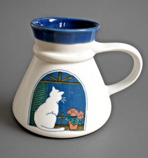 Vintage Otagiri Style Japan Coffee Mug Blue With Cat wide base. 8-10 oz picture