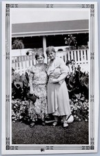 2 Older Women in Dresses Pose by Flower Garden Border 1920s-1930s Snapshot Photo picture