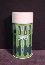 Thermos Vintage 1971 Metal King-Seeley Retro Green Geometric Pint Size Hot Cold picture