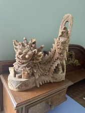 Vintage Balinese Barong Statue Hand Carved Light Wood Intricate Decor Dragon 80s picture