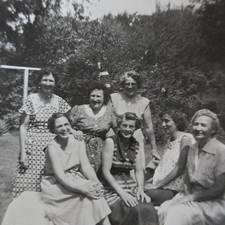 Vintage B&W Photo Snapshot of Group of Smiling & Laughing Women Outside picture