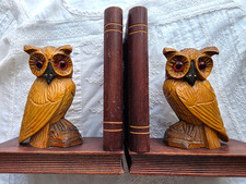 Vintage Hand Carved Wood Owl Bookends Red Glass Eyes MCM Folk Art Sculptures picture