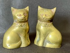 Vintage K.P. Enterprise Solid Brass Cats With Floral Collars Figurine Pair picture