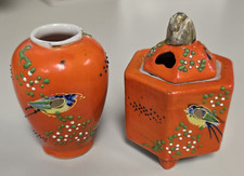MCM Porcelain Incense Burner Tiny Vase Made In Japan Features Handpainted Birds picture