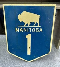 Vintage Manitoba 1 Wooden Canadian Road Marker Sign with Bison picture