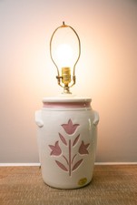 Vintage Pink Tulip Ceramic Crock Lamp Cottage Farmhouse Pottery Table Lamp picture