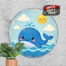 Smiling Blue Whale Cartoon Round Metal Sign Cute Ocean Nursery Wall Plaque picture