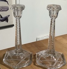 Vintage Gorgeous Set Of 2 Elegant Etched Glass Crystal 9” Candlestick Holders picture