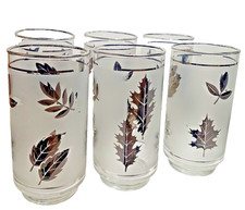 Vintage Libby Frosted Silver Foliage Leaf Drinking Tumbler Glasses 12 oz Set 6 picture