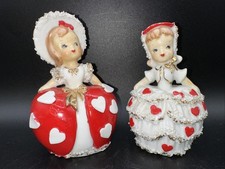 VINTAGE LEFTON VALENTINE HEARTS GIRL BELL FIGURINE ~ PAIR (2) Spaghetti Trim 033 picture
