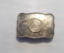 large heavy sterling silver belt buckle with silver Morgan dollar (138 gr) picture