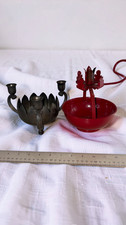 Vintage Candle Holder Lot Leonard Silverplate Lotus & Red Metal Toleware MCM picture