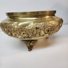 Antique Jardiniere Brass Planter Floral Butterfly Theme Centerpiece Footed 8.5