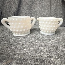 Unmarked White Hobnail Milk Glass Creamer & Sugar Bowl Set 2pc Handles picture