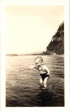 Vintage 1940s Family Snapshot Child Wading at Lakeshore Summer Photo picture