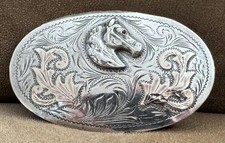 VTG Plata Jalisco México 925 Sterling Silver Red Gem Horse Eagle 50 Belt Buckle picture
