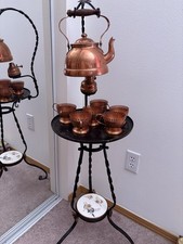 Antique Copper Teapot Kettle Set Wrought iron Floor Stand Burner Cup Holders 42” picture