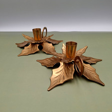 VTG Solid Brass Taper Candle Holders Holly Leaf Design Ring Holder Set of 2 picture