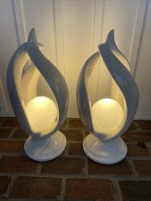 2 Sculptural Flame Helix Table Lamps MCM Art Deco Vtg White Sphere Globe 22”h picture