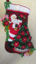 Christmas Stocking felt Hand stitched Bucilla Santa poinsettia tree finished picture