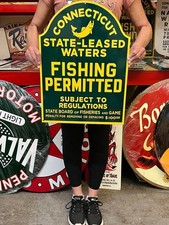 Antique Vintage Style Sign Connecticut Fishing NOT Porcelain Made USA 22x16 picture