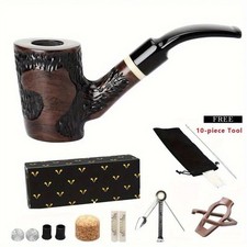 Poker Pipe Wooden Handmade Carved Tobacco Pipe 9mm Filter Bent Stem Smoking Pipe picture