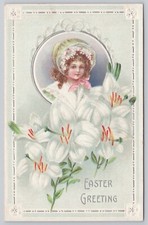 Atq/Vtg Embossed Post Card Blessed Easter Tide Cross-Flowers-Angel-Girl N115 picture