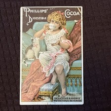 Antique 1891 Phillips’ Digestible Cocoa Trade Card Girl Cat J.H. Cool  picture