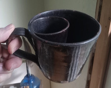 1830s SCARCE REDWARE LARGE SHAVING MUG HAND THROWN NEW ENGLAND GLAZED POTTERY picture