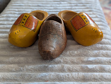Vintage Dutch Wooden Clogs Lot – Yellow Dutch Souvenir Pair & Carved Mini Shoe picture