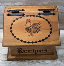 Vintage Wooden Pine Recipe Box  Country Rooster Grandma Core Farmhouse 6.25x7.5 picture