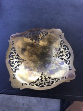 Vintage MCM Gold Brass Butterfly Scrolls Trinket Dish Footed 8.5” Square picture