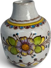 Vintage Mexican Pottery Vase Signed Tirso Hand Painted Flower Crackle Glaze 5.5