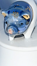 Vintage 1970-1980's Otagiri Japan Porcelain Pig Music Box Blue/White Gold Trim picture