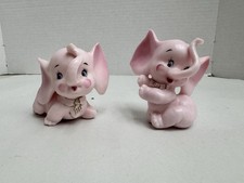 VINTAGE PAIR LEFTON KELVINS PINK ELEPHANTS BISQUE CERAMIC WHIMSICAL FIGURES MCM picture