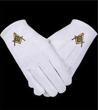 MASONIC GLOVES - EMBROIDERED - WHITE COTTON - STANDARD SIZE picture