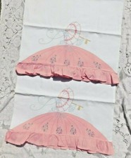 VERY FANCY VINTAGE HAND MADE EMBROIDRED AND APPLIQUE PILLOW CASE SET OF TWO picture