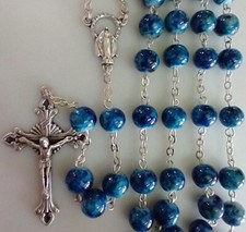 Catholic 8mm Blue Glass 5 Decade Rosary Silver Tone Crucifix, Italy picture