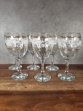Set of 6 Vtg Pasabahce circle art of glass wine glasses white roses gold band picture