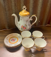 Porcelain Tea Set Glazed Gold Trim Romantic Scene Teapot Cups Saucers Lid picture