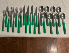 24PCS VTG INOX MADE IN FRANCE FLATWARE GREEN HANDLES HANDLE forks spoons knives picture