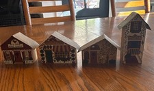 Vintage Folk Art Wooden House Blocks Lot of 4 Primitive Country Americana Decor picture