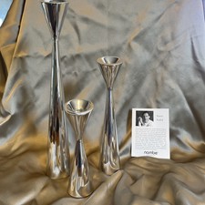 Vintg MCM Nambe Studio NOVA Candlestick Trio Signed Karim #6047, 6046, 6045 NIB picture