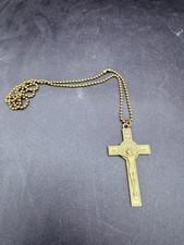 Large Lined Beveled Bronze St Benedict Crucifix Cross Necklace picture